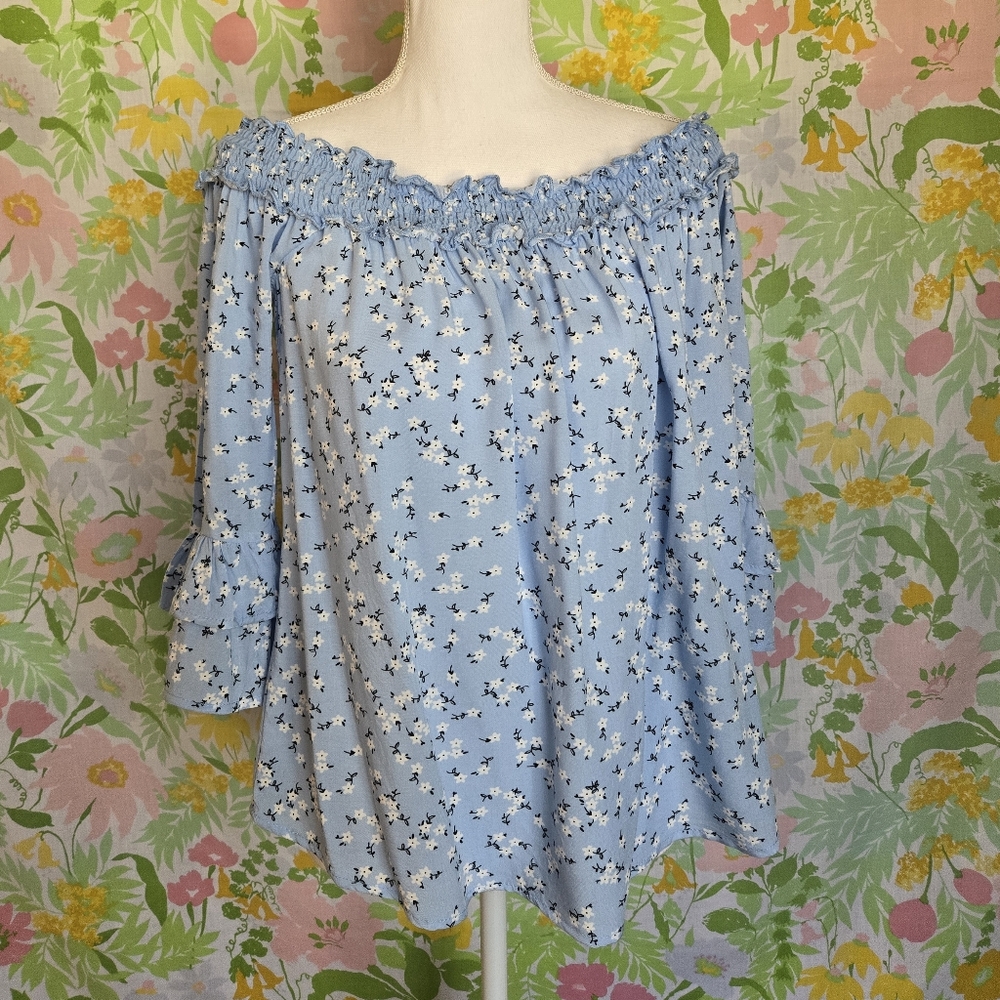 Blue Floral Off The Shoulder Top